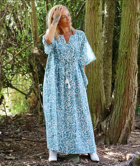 Eden bohemian printed cotton teal maxi kaftan//dress free sizeDRESSES