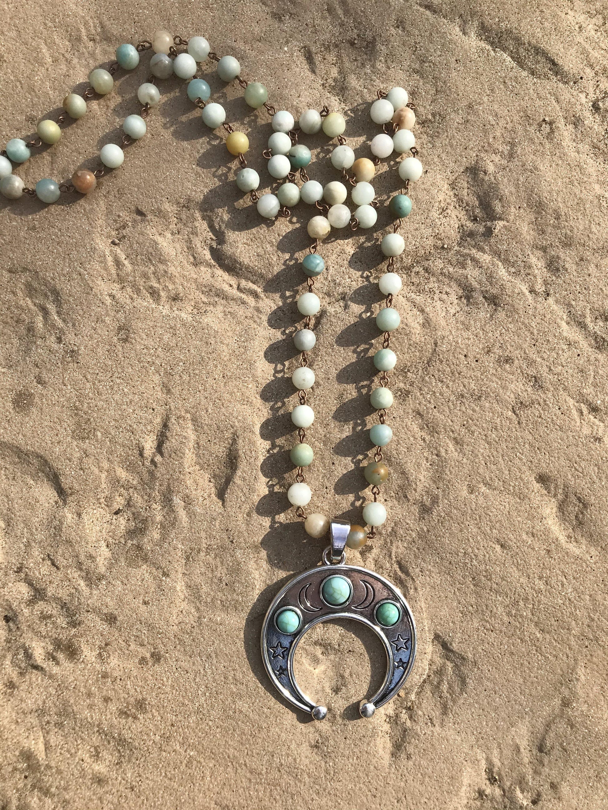 Moon natural-amazonite bohemian pendant necklacenecklace