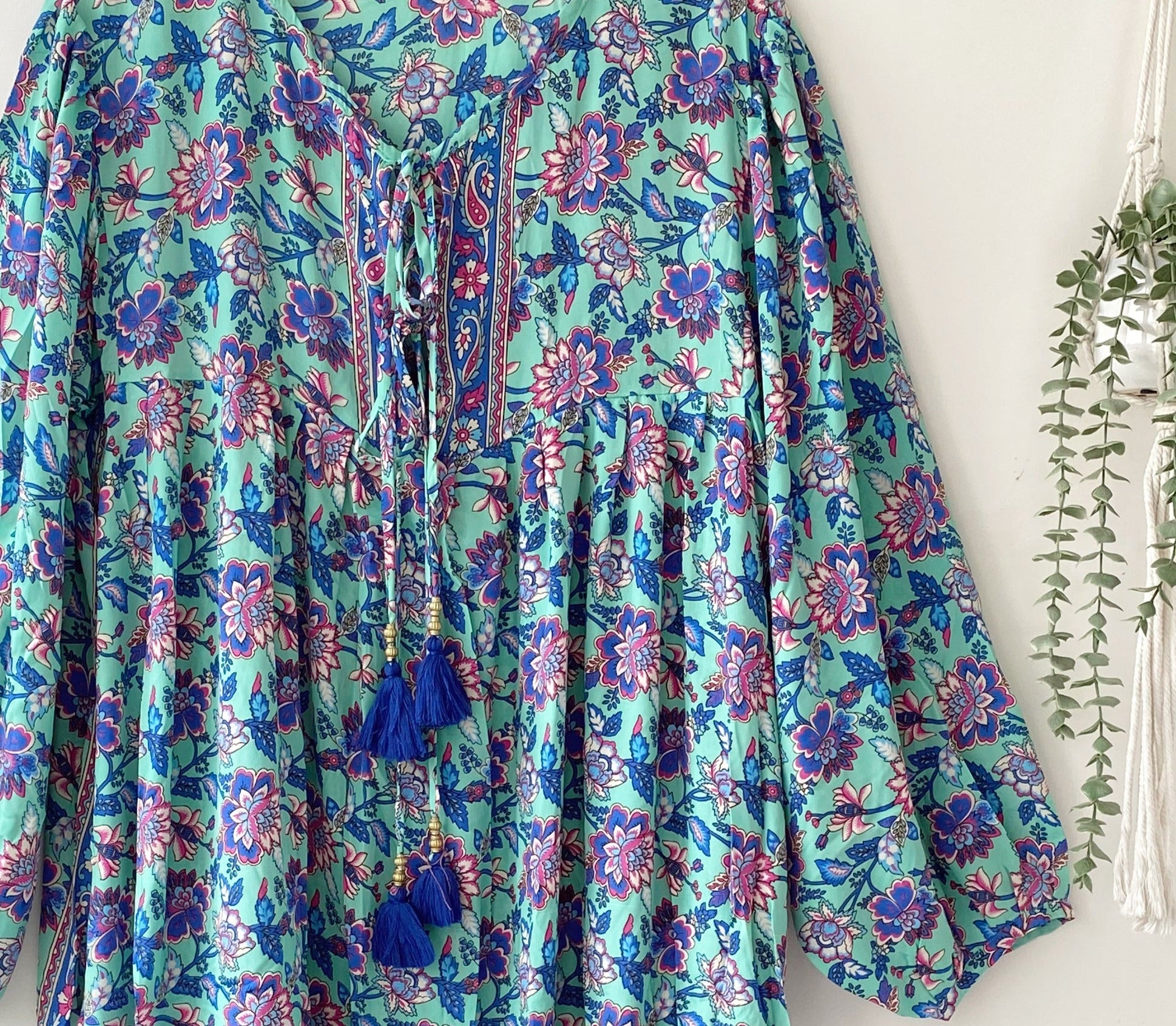 Florence blue/mint floral-print silk dress free size UK 8-16DRESSES