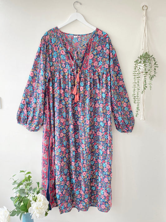Florence navy/pink floral-print silk dress free size UK 8-16DRESSES