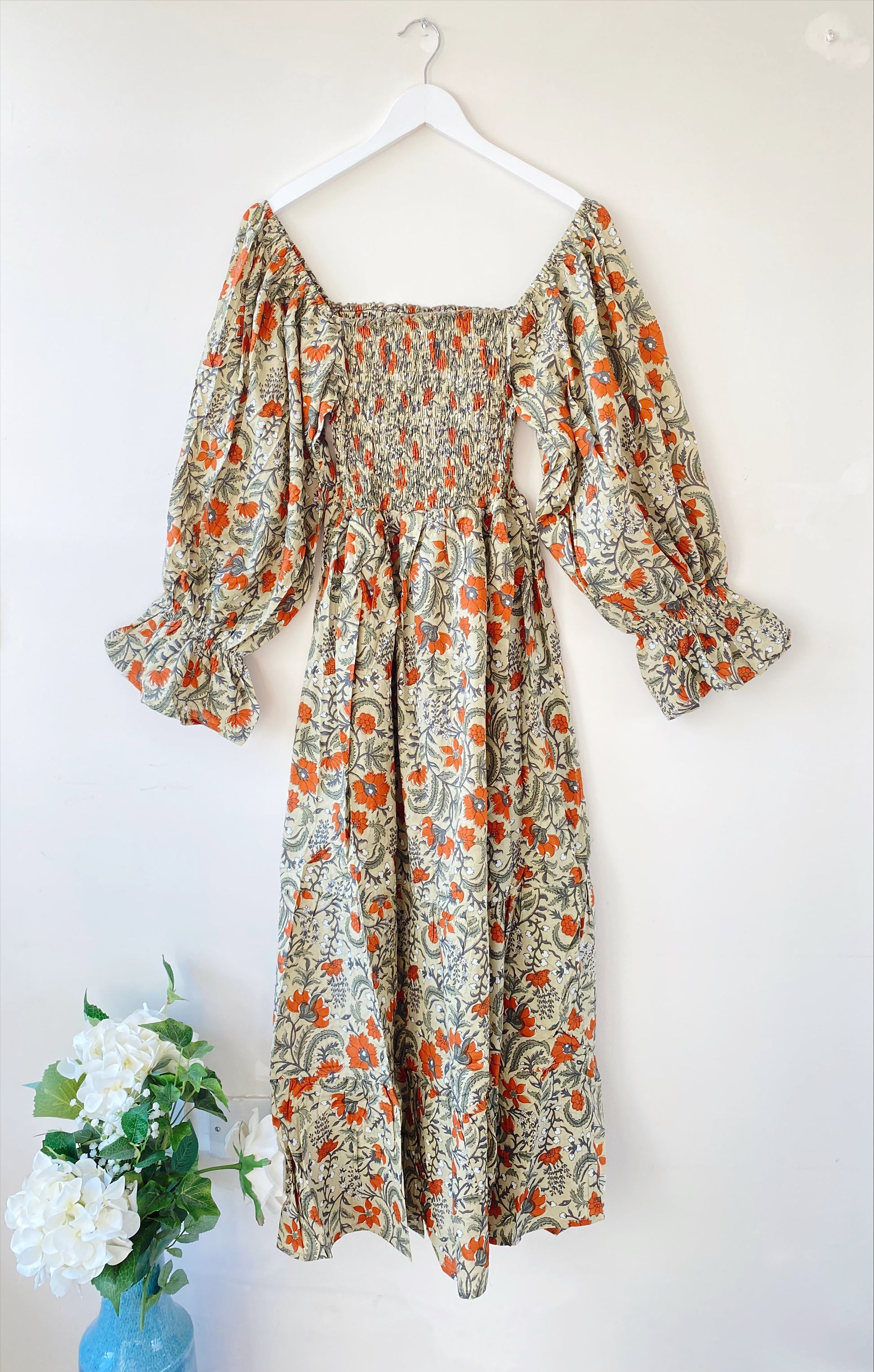 Lila beige block-printed cotton bardot balloon-sleeved maxi dressDRESSES