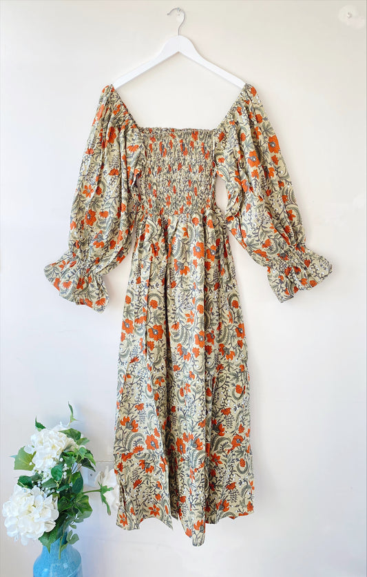 Lila beige block-printed cotton bardot balloon-sleeved maxi dressDRESSES
