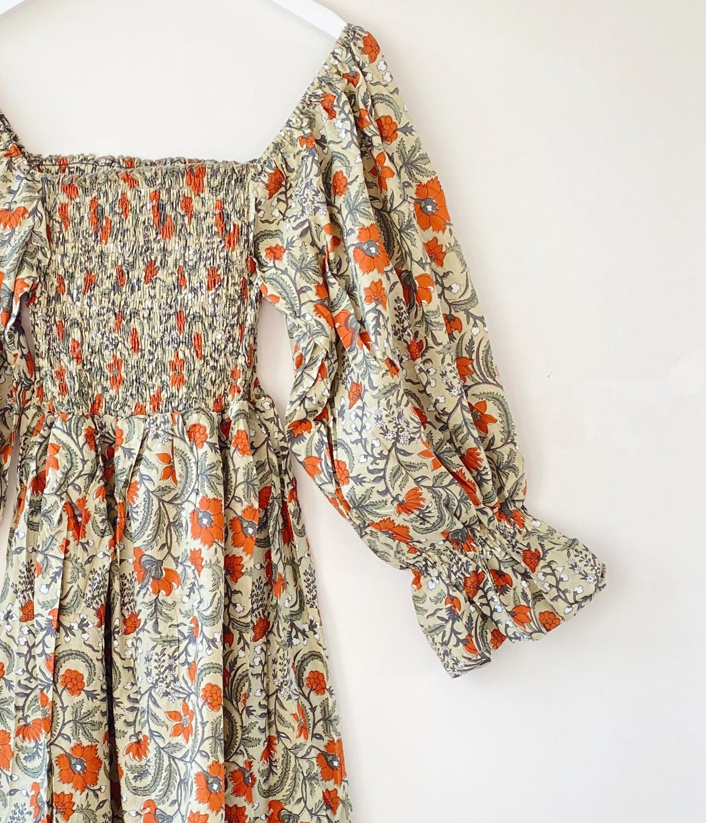 Lila beige block-printed cotton bardot balloon-sleeved maxi dressDRESSES