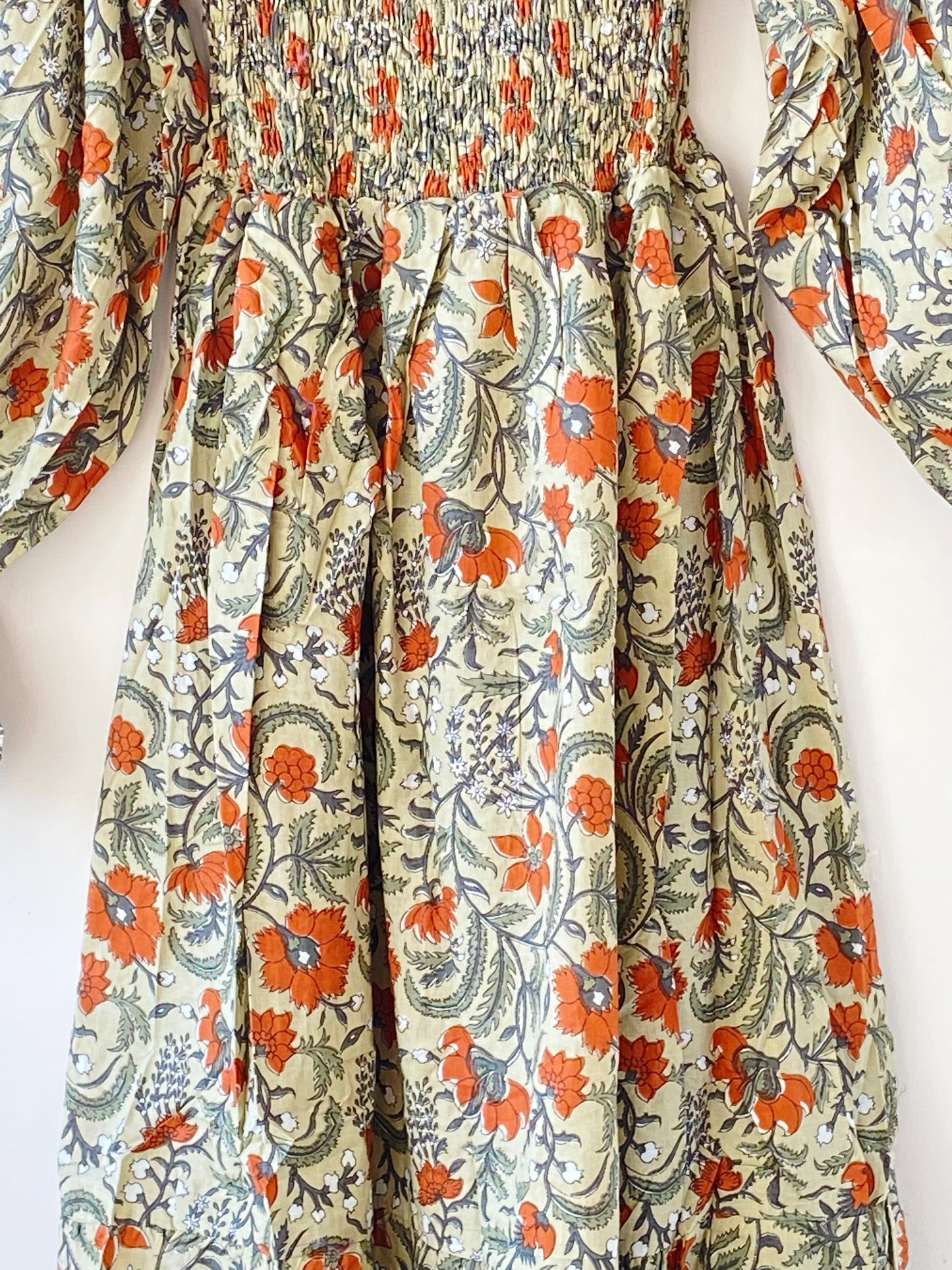 Lila beige block-printed cotton bardot balloon-sleeved maxi dressDRESSES