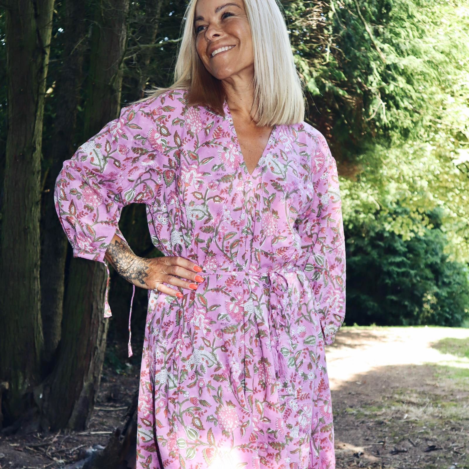 Rosalie bohemian floral-print pink cotton maxi kaftan//dress free sizeDRESSES