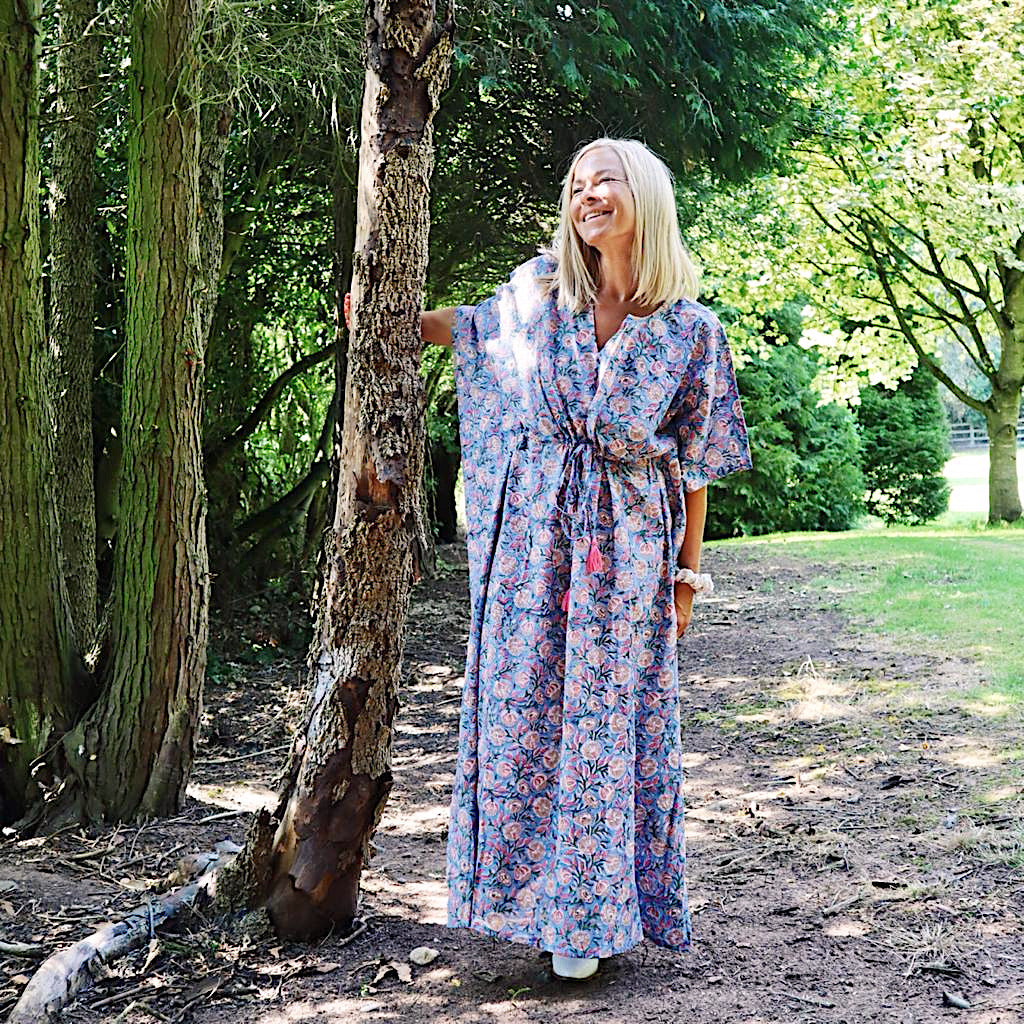 Eden bohemian floral-print blue cotton maxi kaftan//dress free sizeDRESSES
