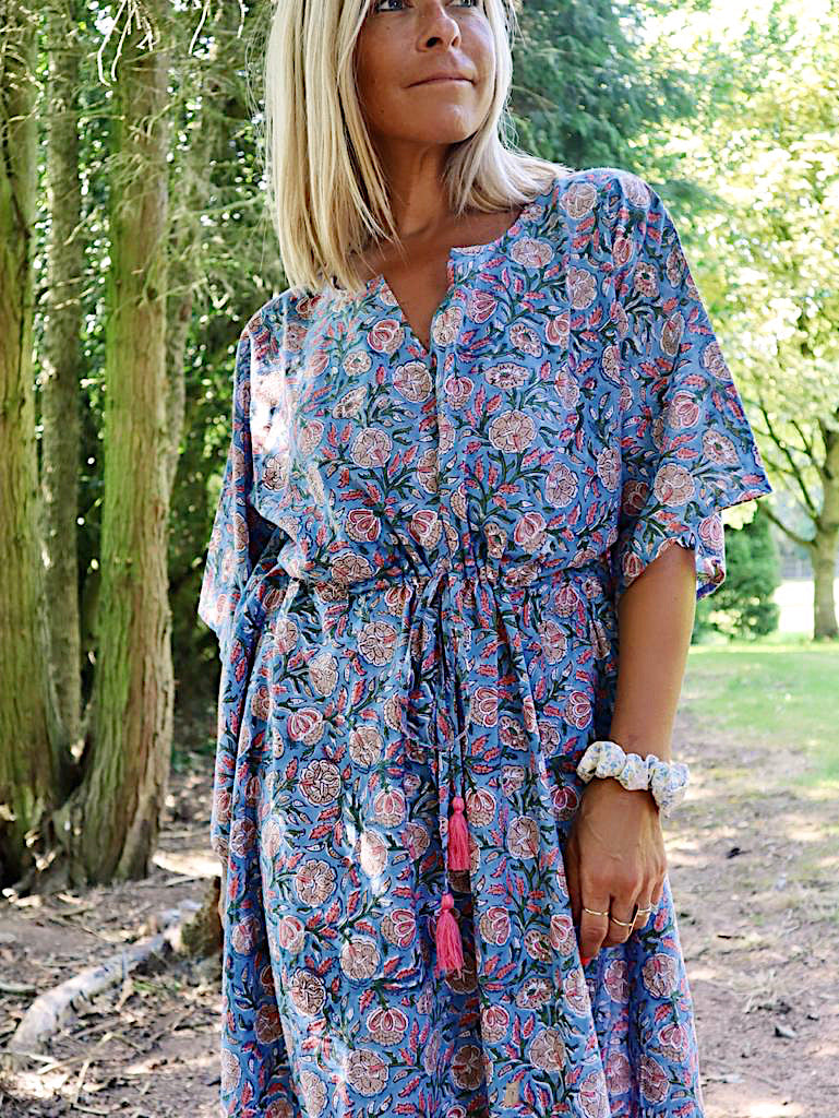 Eden bohemian floral-print blue cotton maxi kaftan//dress free sizeDRESSES