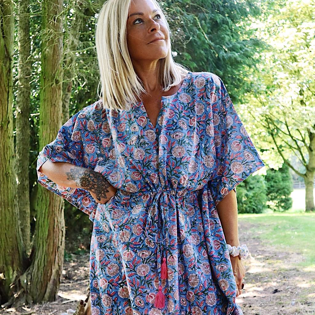Eden bohemian floral-print blue cotton maxi kaftan//dress free sizeDRESSES