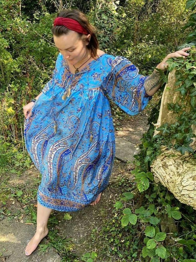 Aurora blue floral paisley-print silk midi dress free-size UK 8-16DRESSES