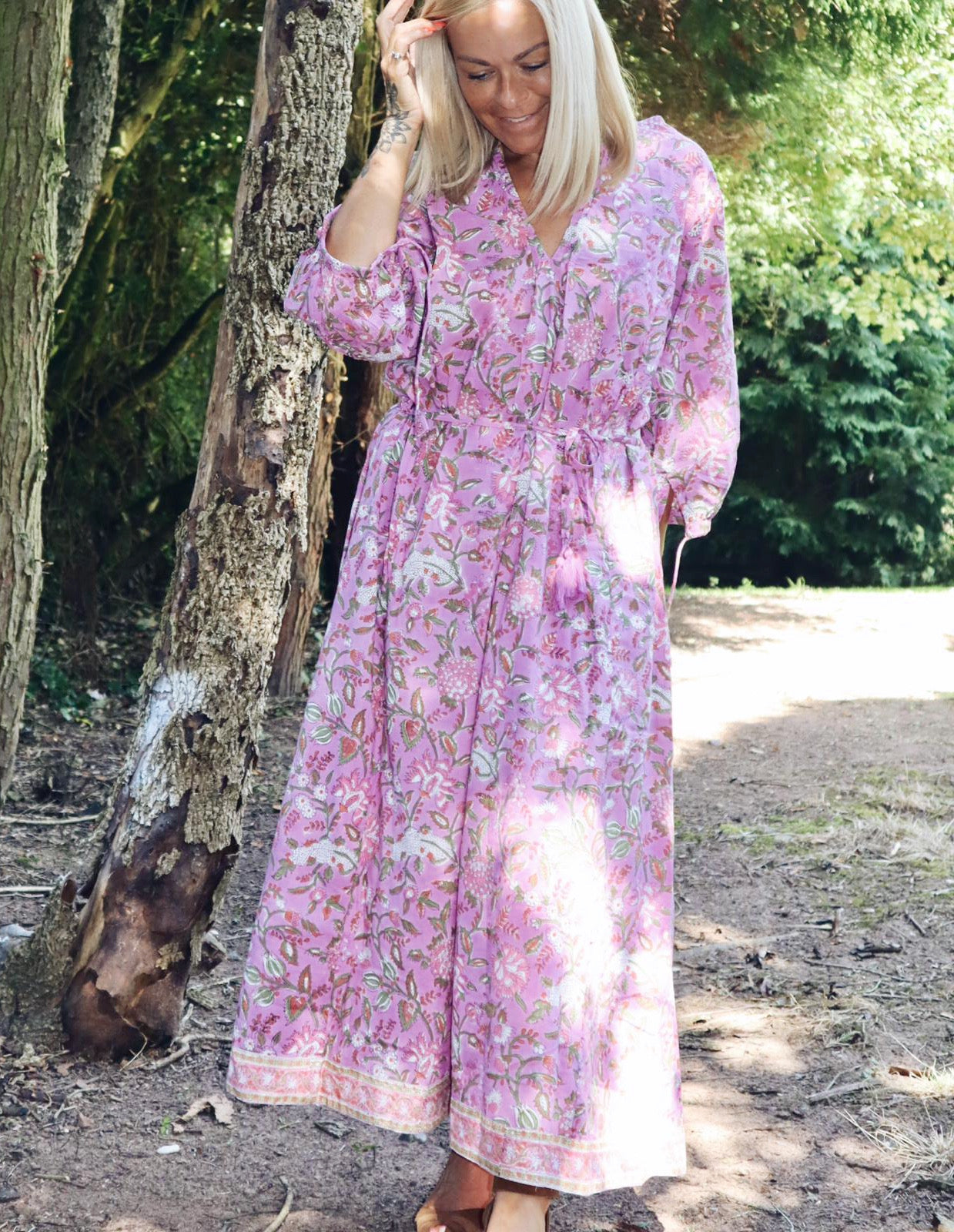 Rosalie bohemian floral-print pink cotton maxi kaftan//dress free sizeDRESSES