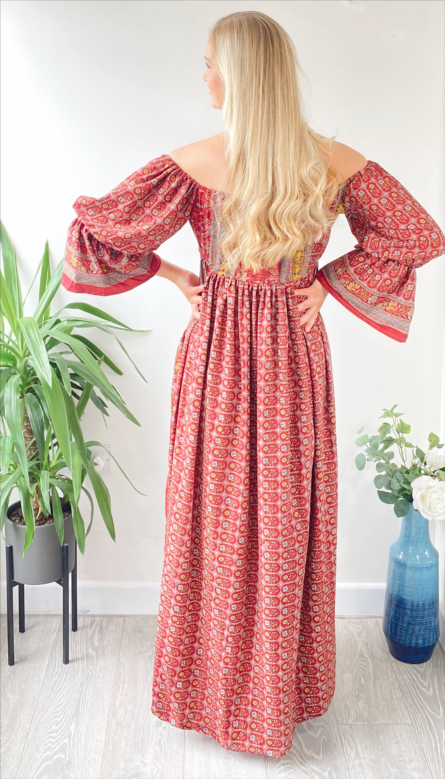 Bella pink and red print recycled-silk bardot maxi dressDRESSES