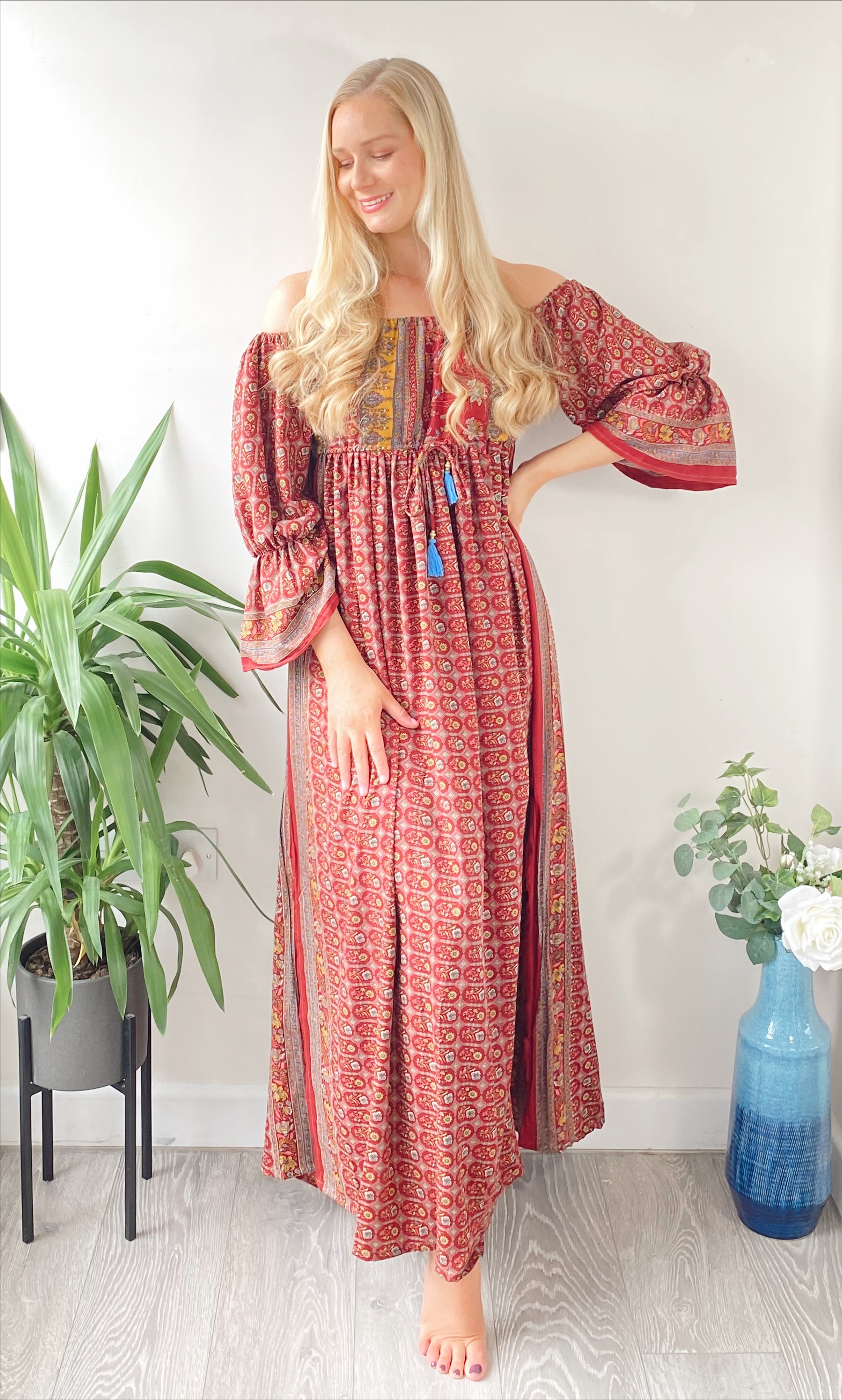 Bella pink and red print recycled-silk bardot maxi dressDRESSES