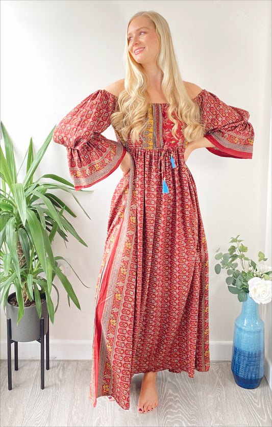 Bella pink and red print recycled-silk bardot maxi dressDRESSES