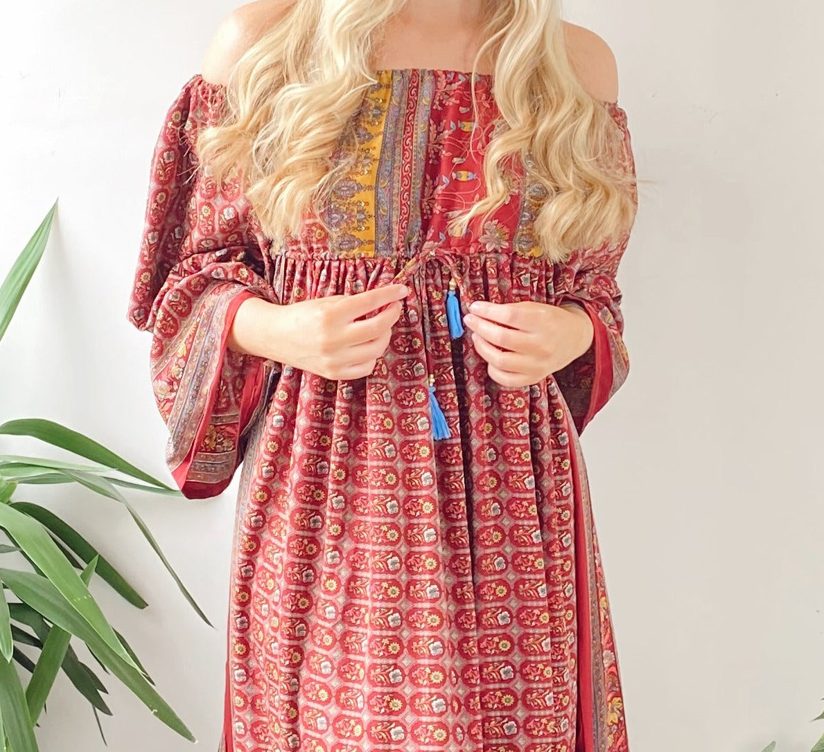 Bella pink and red print recycled-silk bardot maxi dressDRESSES