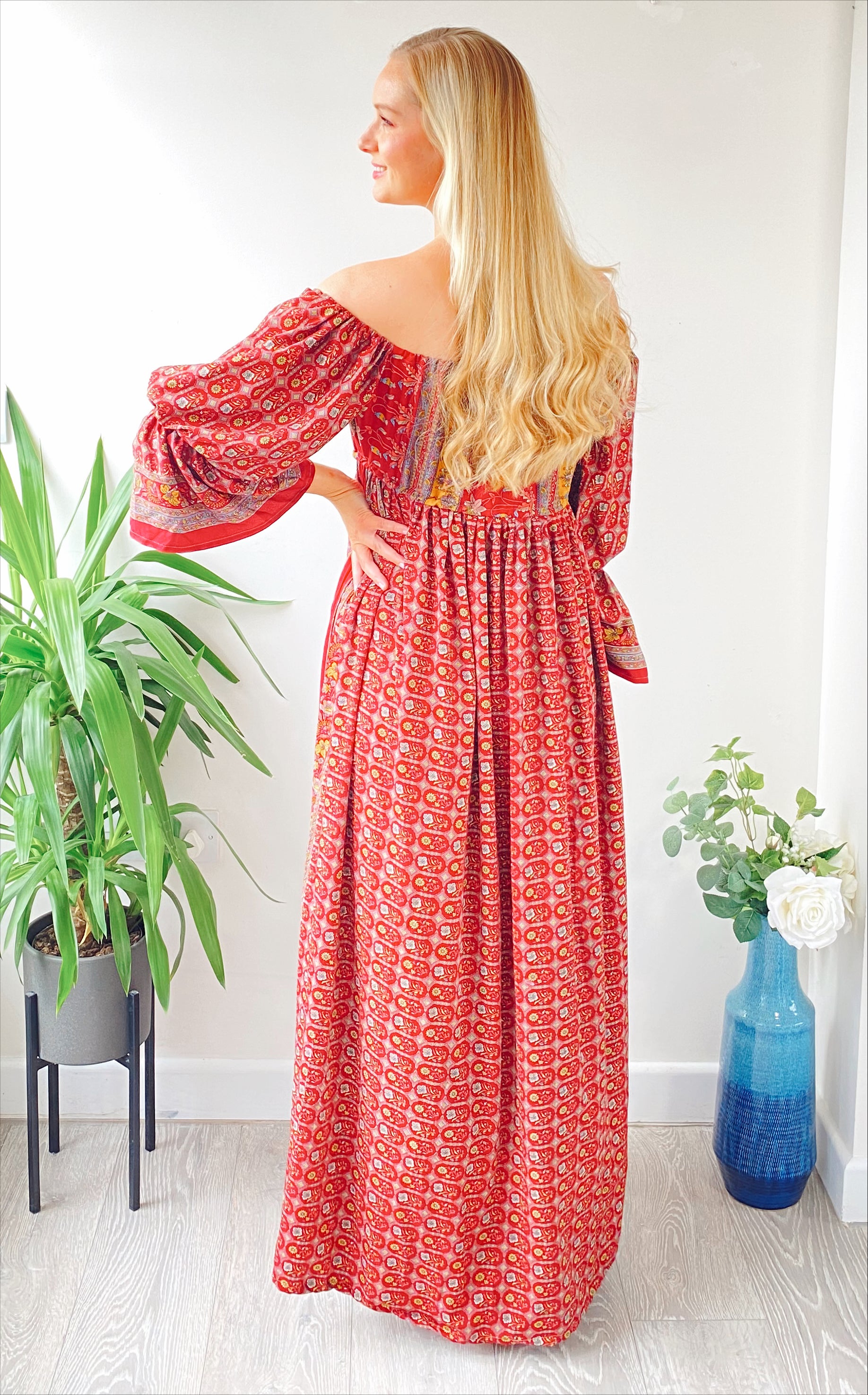 Bella pink and red print recycled-silk bardot maxi dressDRESSES