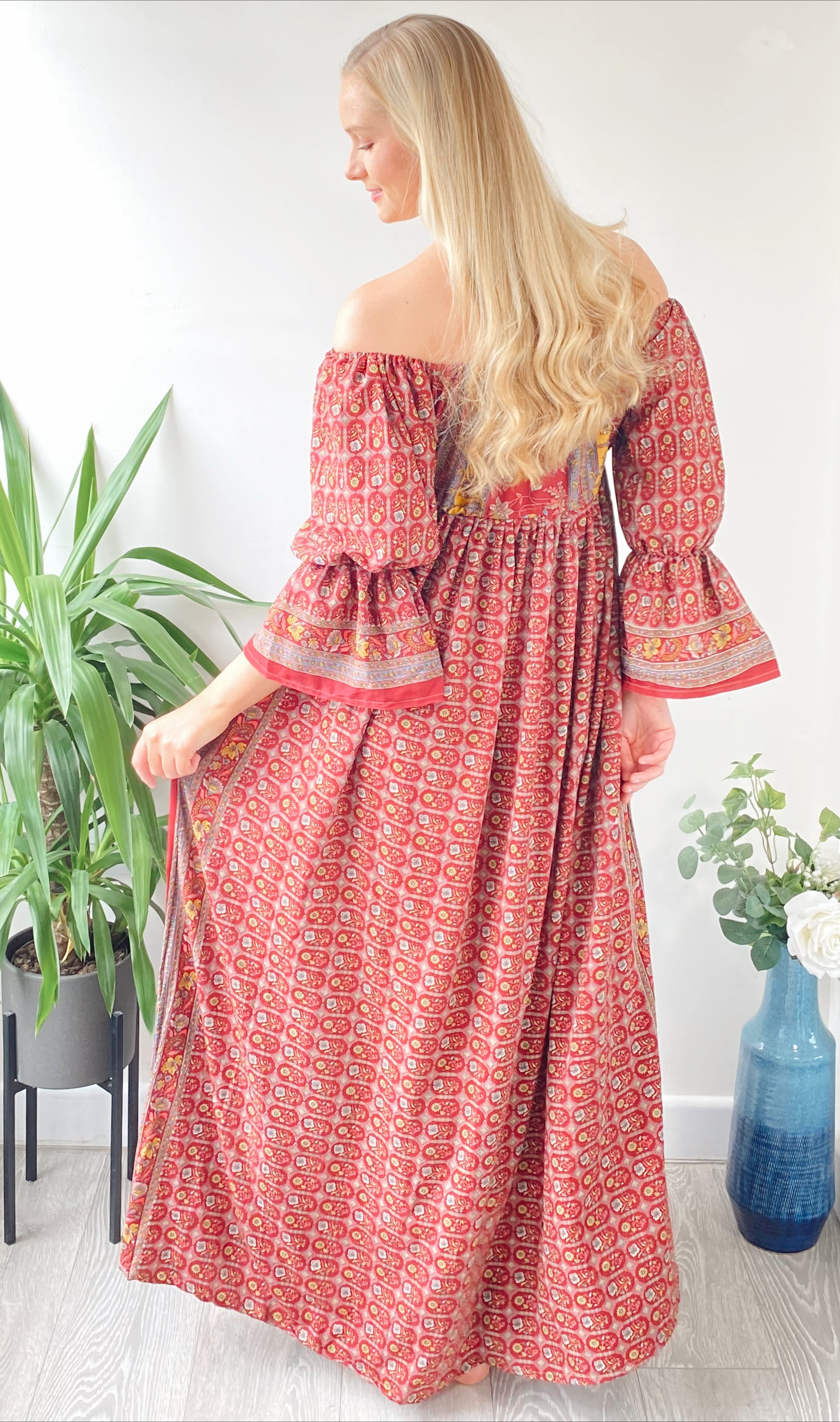 Bella pink and red print recycled-silk bardot maxi dressDRESSES
