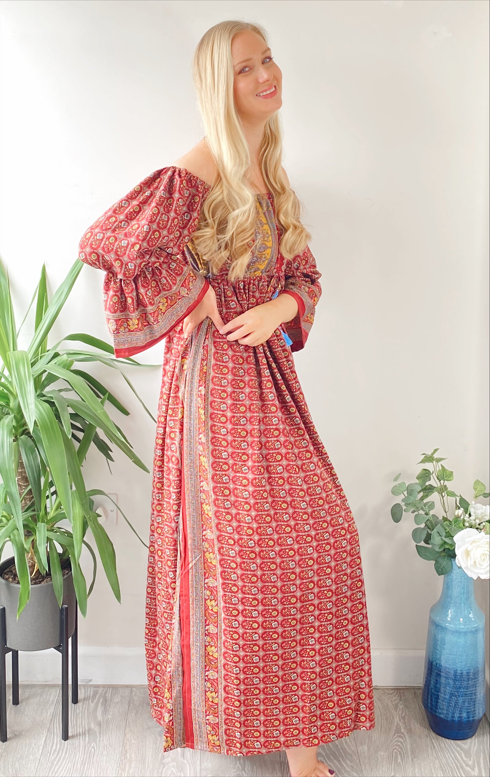 Bella pink and red print recycled-silk bardot maxi dressDRESSES