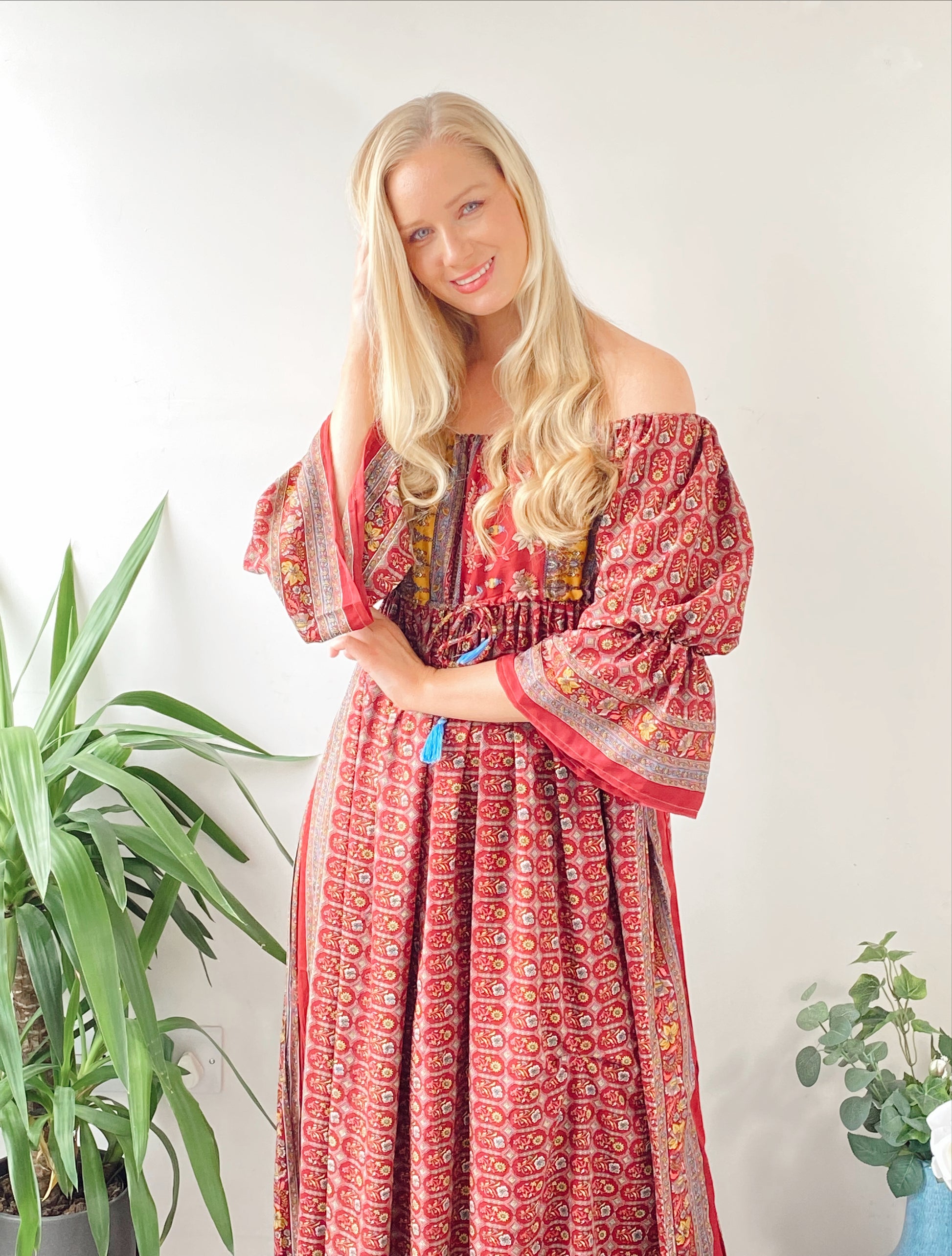 Bella pink and red print recycled-silk bardot maxi dressDRESSES