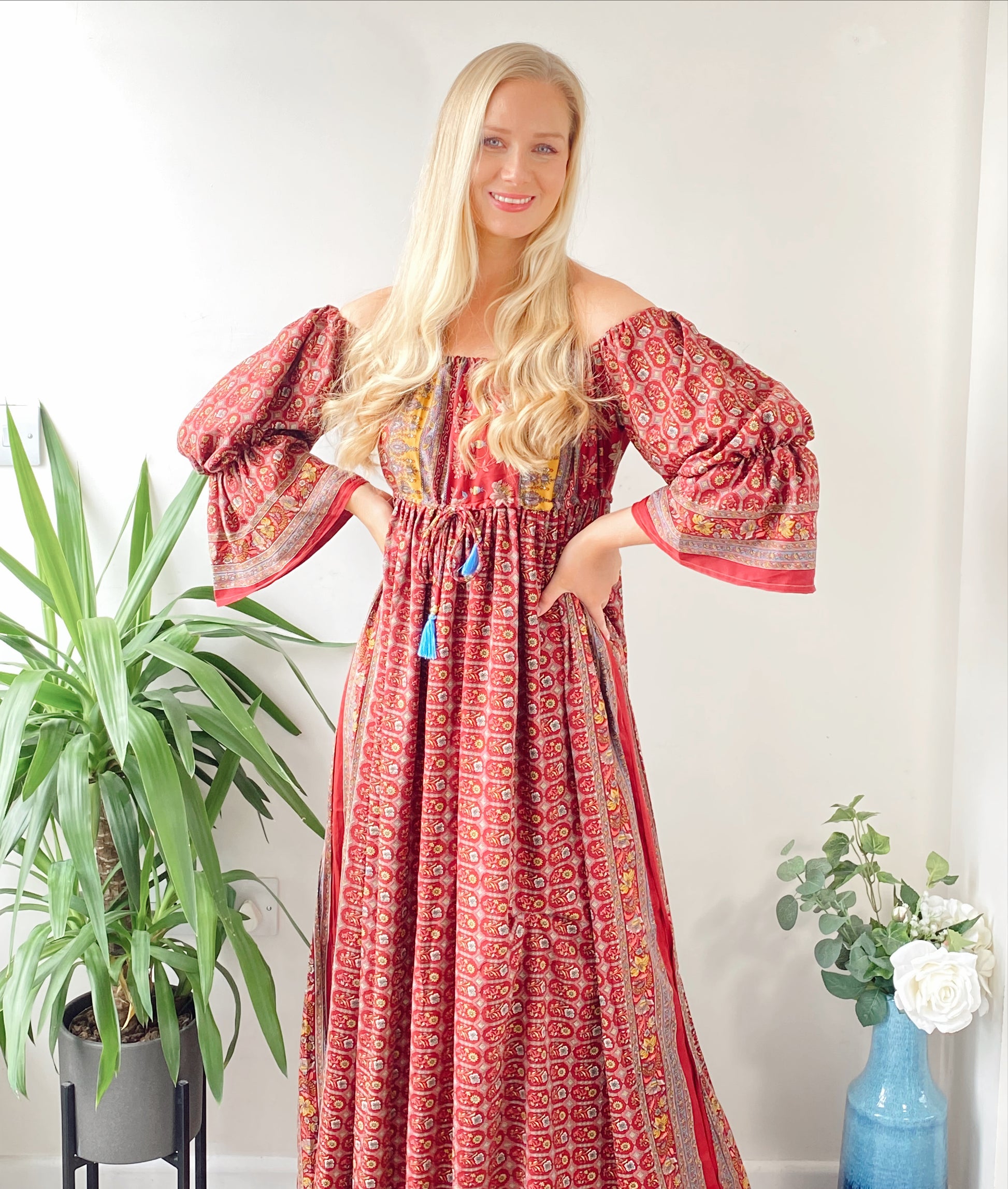 Bella pink and red print recycled-silk bardot maxi dressDRESSES