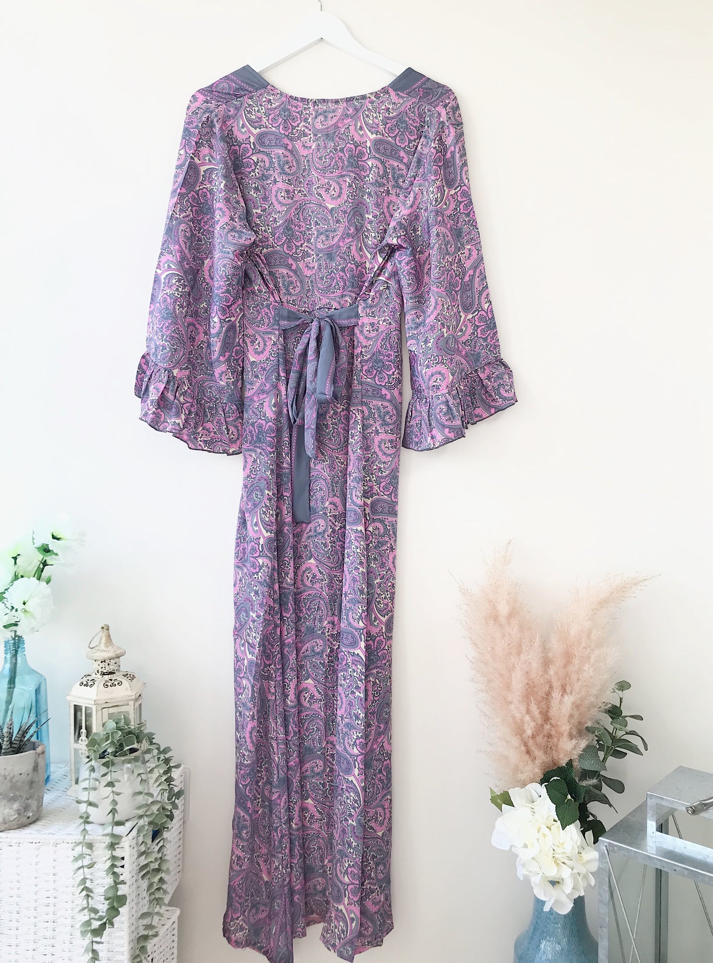 Bluebell lilac vintage-silk free-size ruffled-sleeved tie maxi dressDRESSES