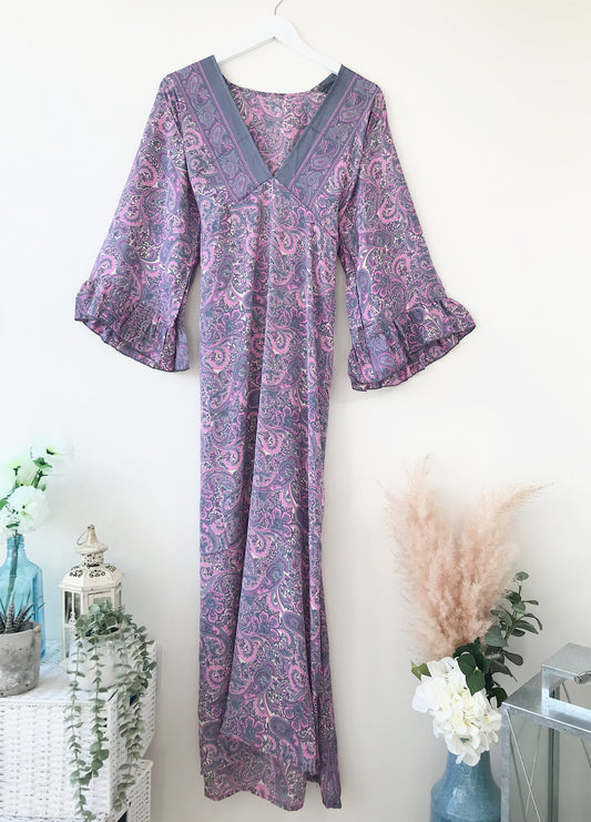 Bluebell lilac vintage-silk free-size ruffled-sleeved tie maxi dressDRESSES