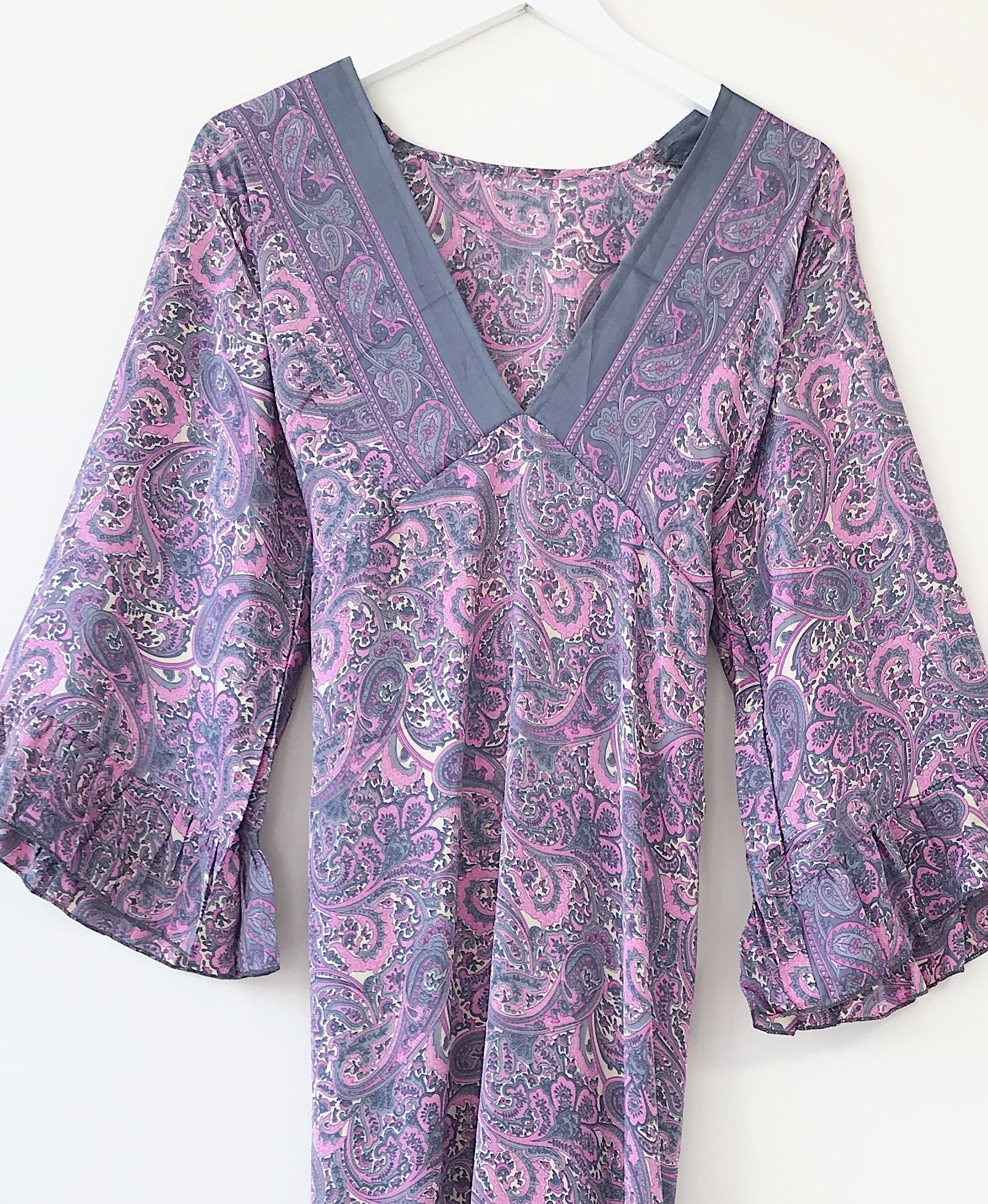 Bluebell lilac vintage-silk free-size ruffled-sleeved tie maxi dressDRESSES