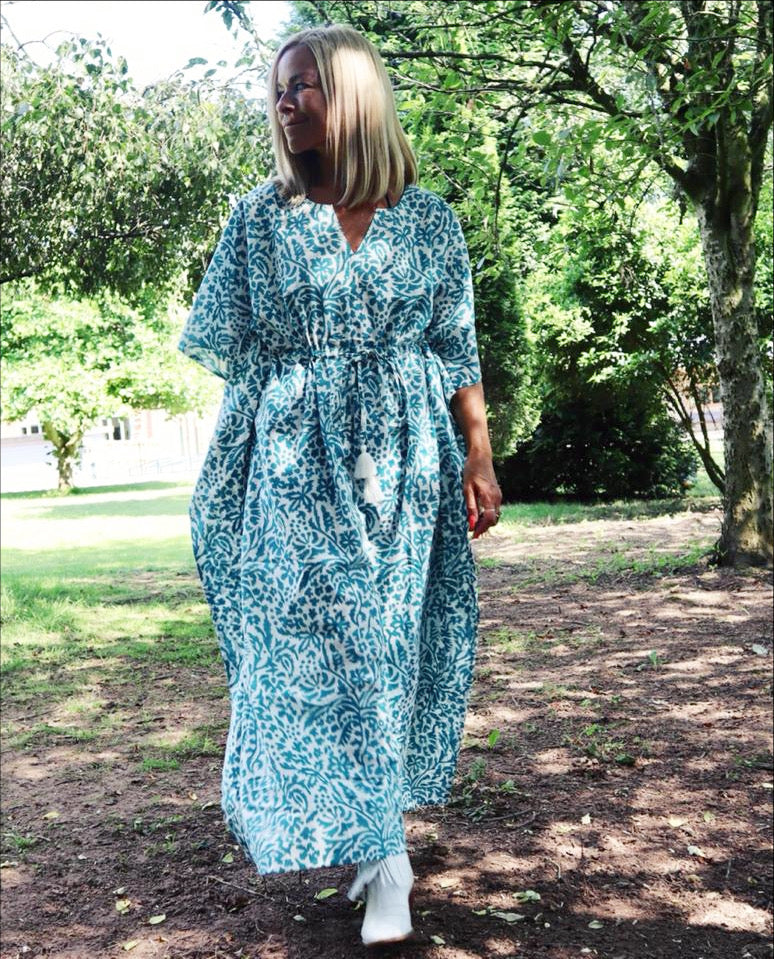 Eden bohemian printed cotton teal maxi kaftan//dress free sizeDRESSES