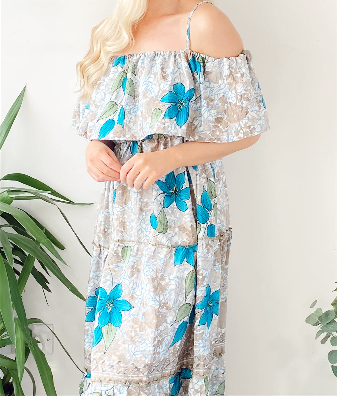 Elara blue floral-print recycled silk bardot frill dress free-size UK 8-16DRESSES
