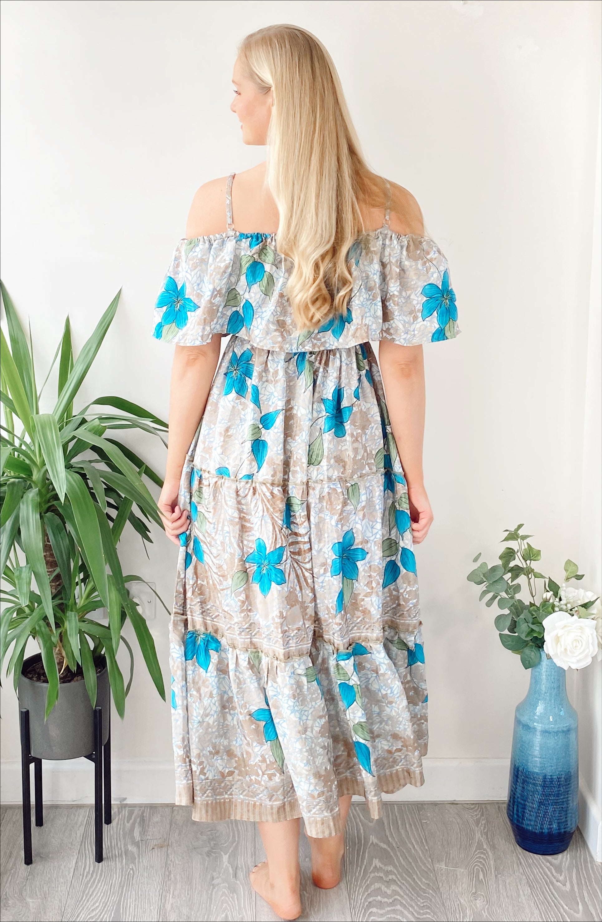 Elara blue floral-print recycled silk bardot frill dress free-size UK 8-16DRESSES