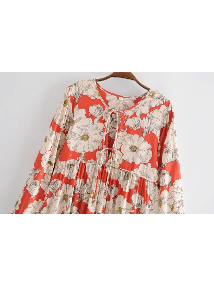 Joni red bold floral-print boho midi dressDRESSES