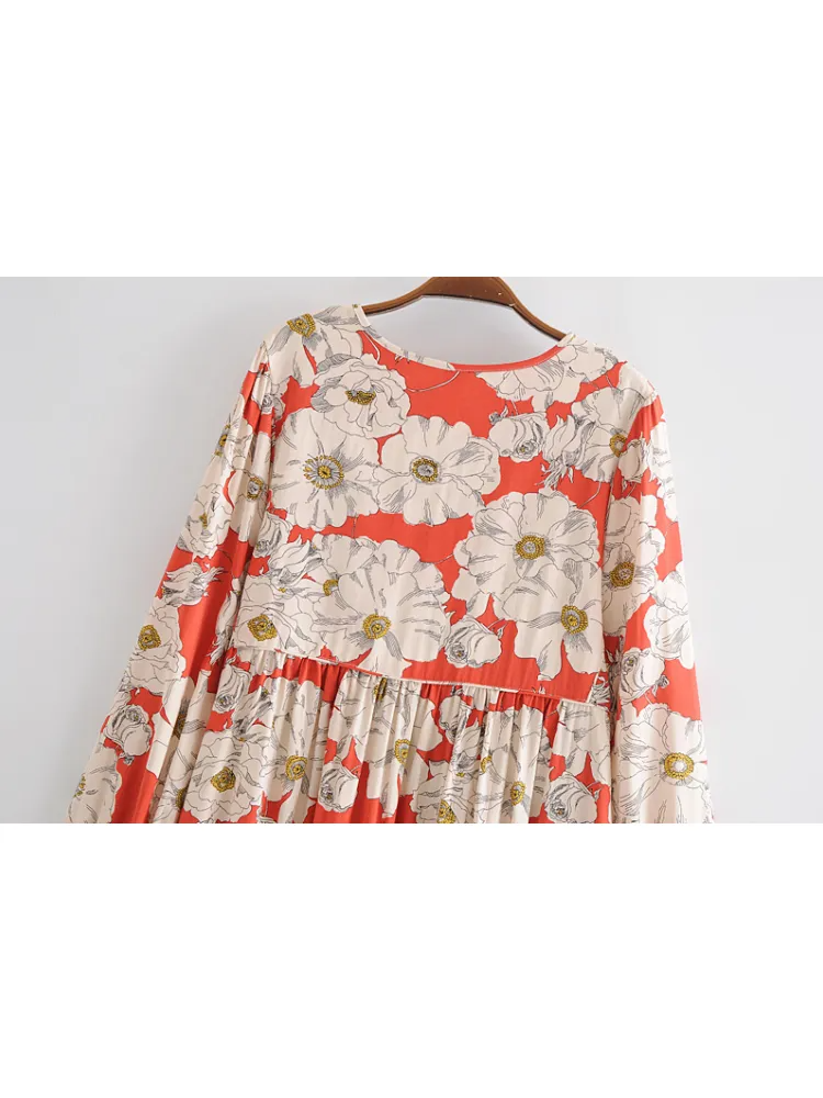 Joni red bold floral-print boho midi dressDRESSES
