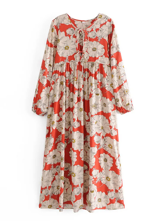 Joni red bold floral-print boho midi dressDRESSES