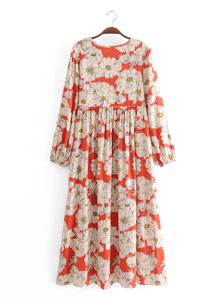 Joni red bold floral-print boho midi dressDRESSES