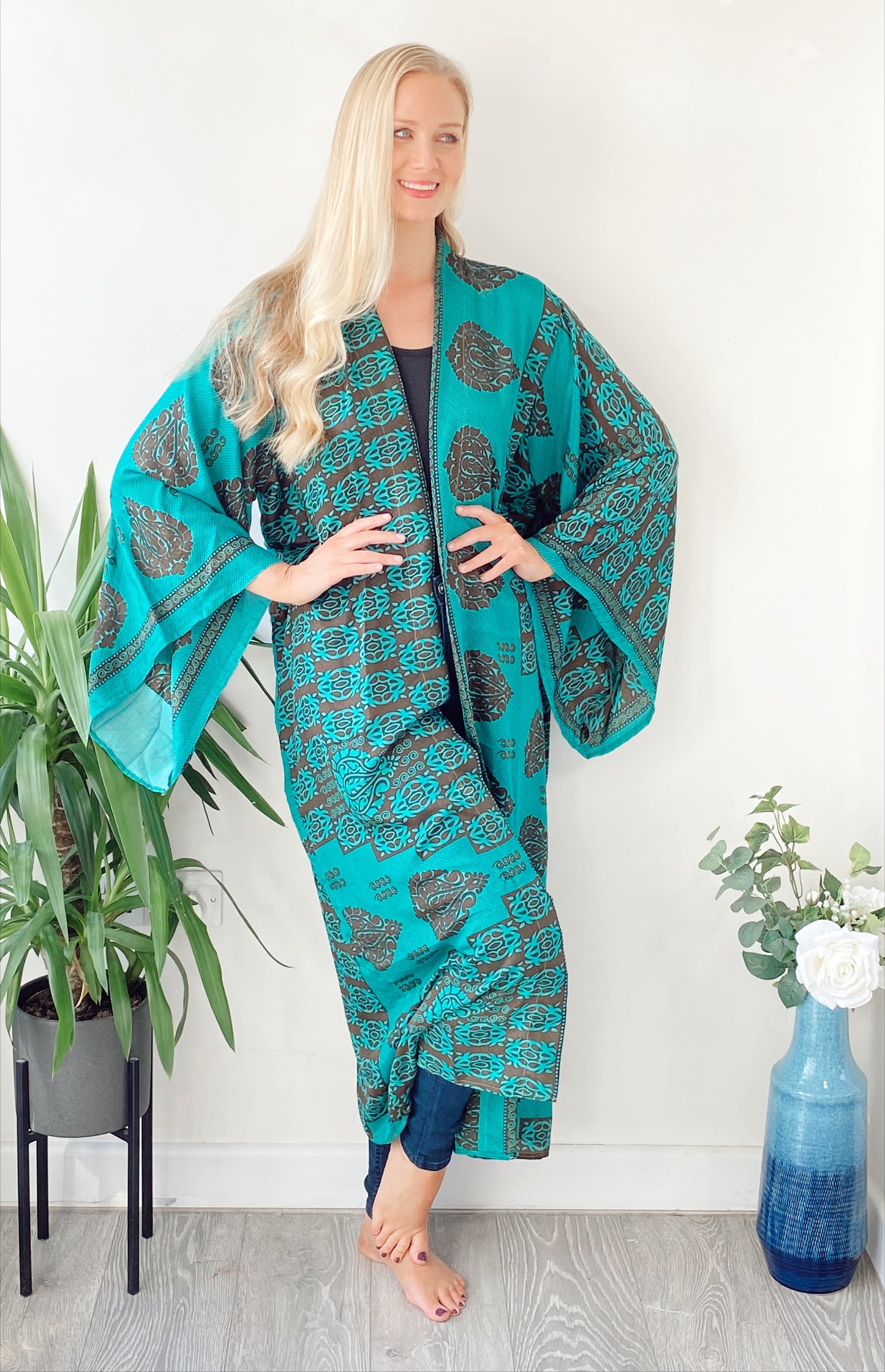 Laurel green print recycled-silk free-size kimono//robe UK 8-16DRESSES