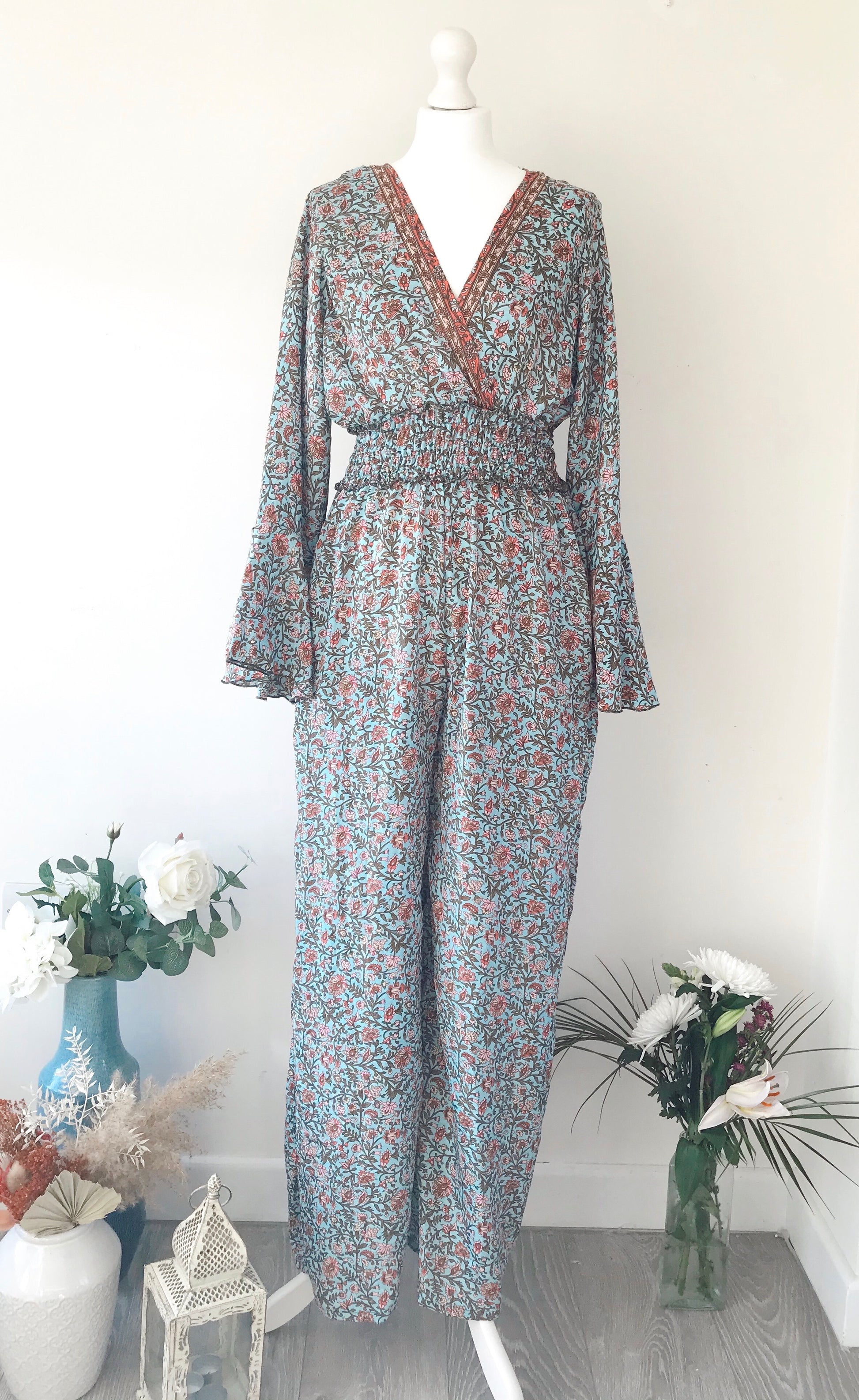 Flora blue floral-print silk jumpsuit free-size UK 8-14JUMPSUIT