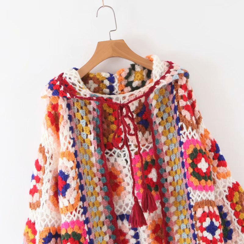 Crochet boho cream hooded oversized long cardiganCardigan