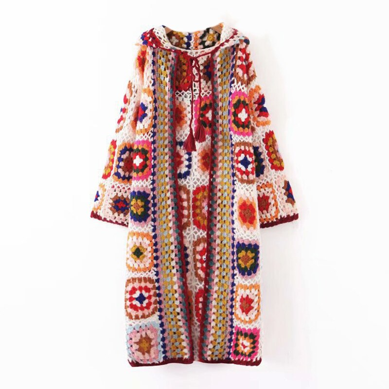 Crochet boho cream hooded oversized long cardiganCardigan