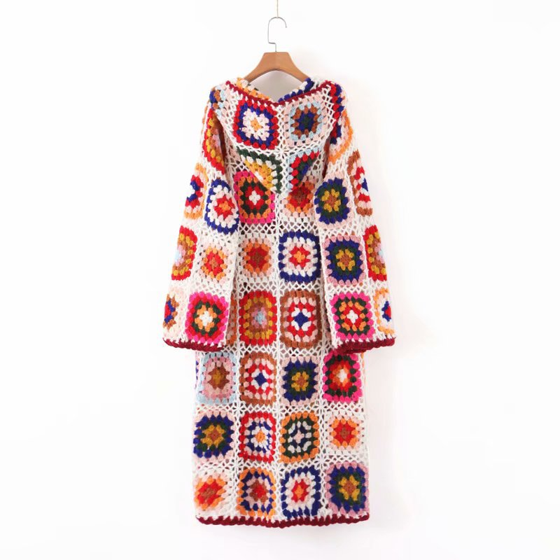 Crochet boho cream hooded oversized long cardiganCardigan