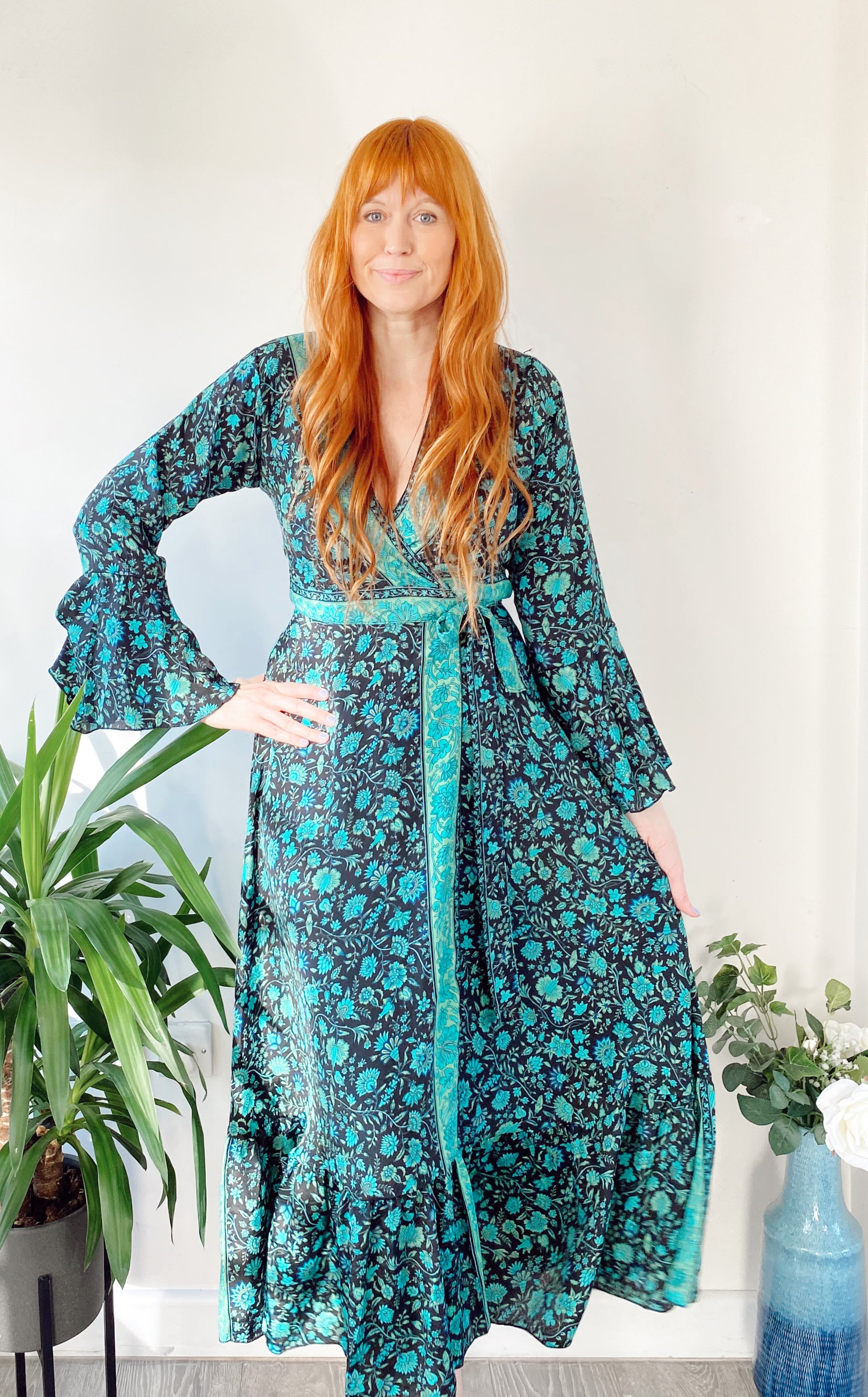 Ophelia forest-green floral-print silk wrap maxi dress free-size UK 8-14DRESSES