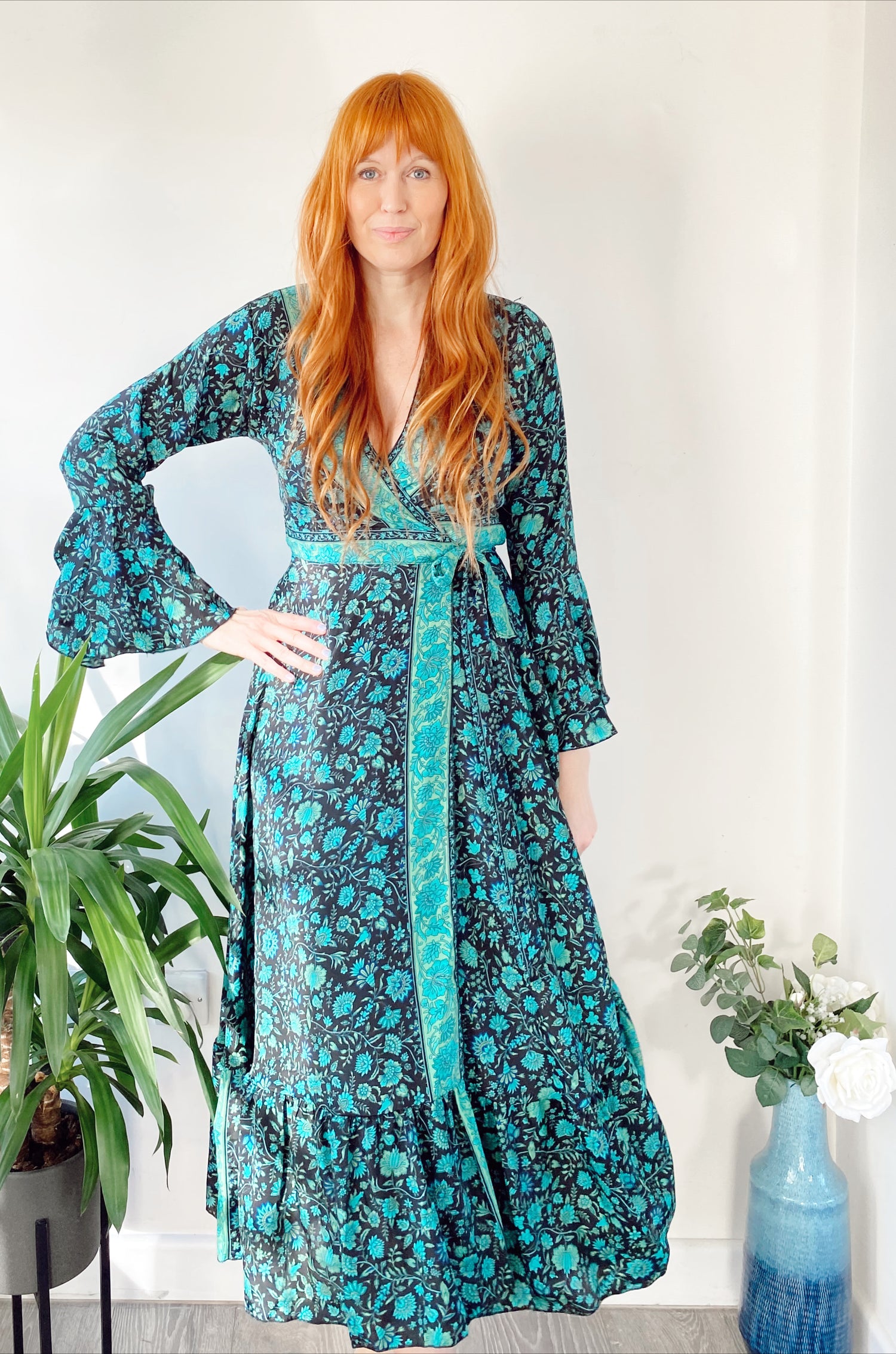 Ophelia forest-green floral-print silk wrap maxi dress free-size UK 8-14DRESSES
