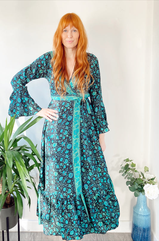 Ophelia forest-green floral-print silk wrap maxi dress free-size UK 8-14DRESSES