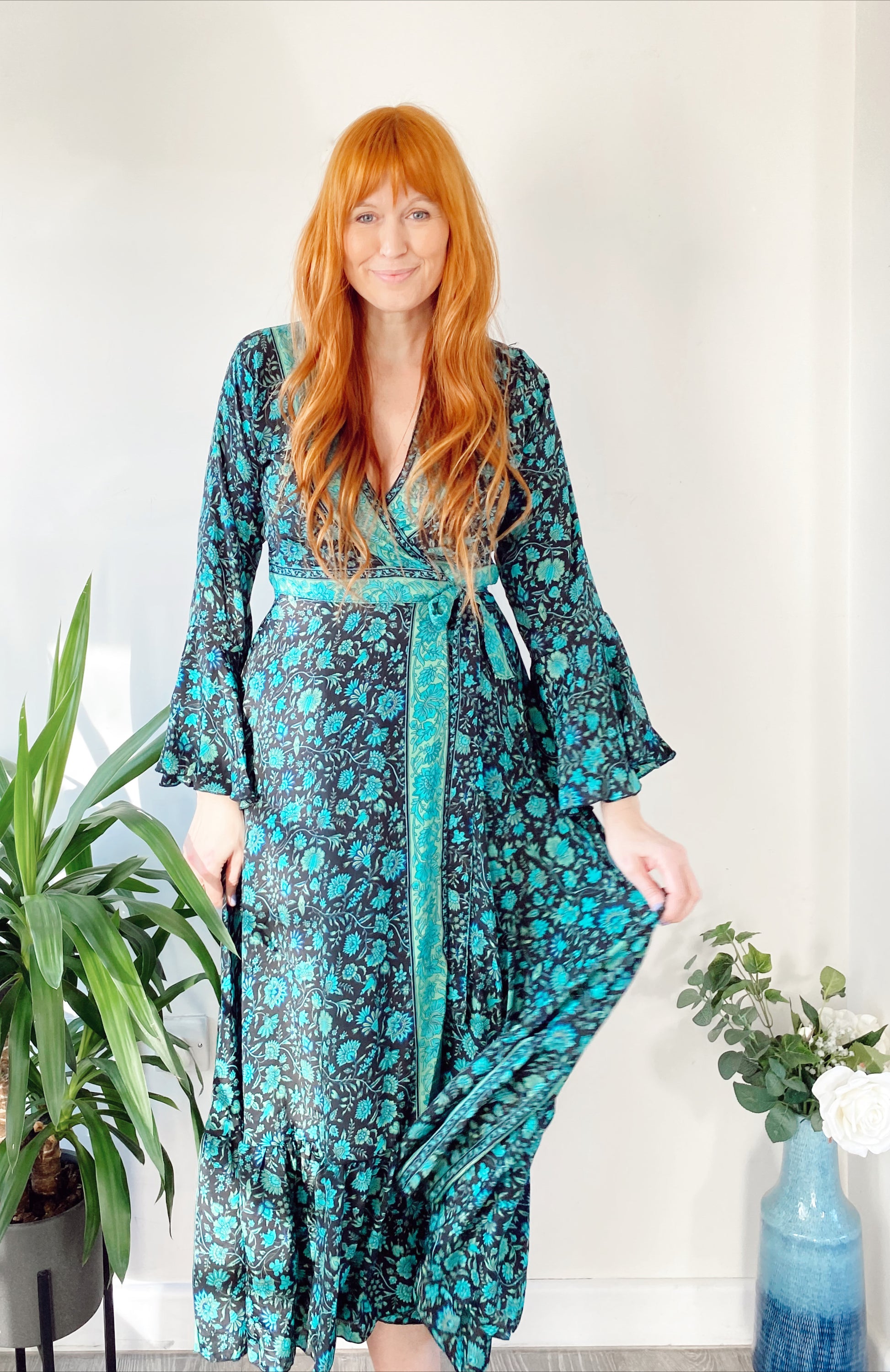 Ophelia forest-green floral-print silk wrap maxi dress free-size UK 8-14DRESSES