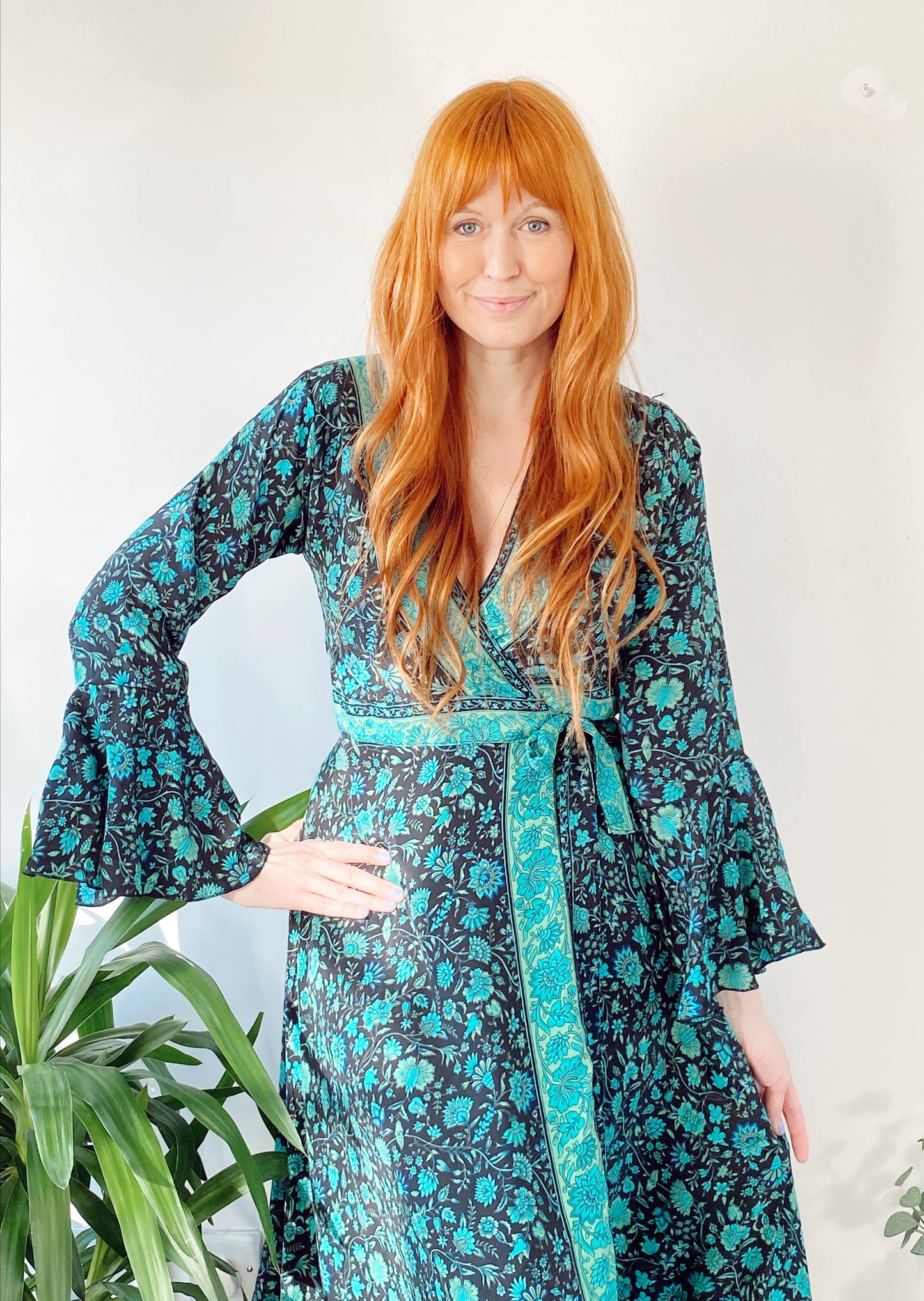 Ophelia forest-green floral-print silk wrap maxi dress free-size UK 8-14DRESSES