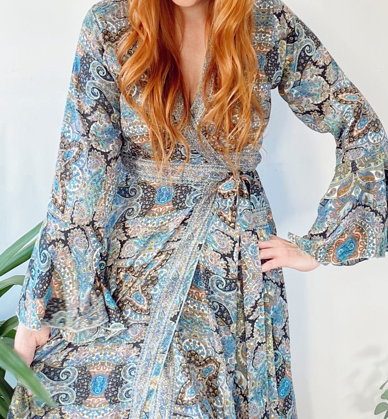 Ophelia navy/black paisley-print silk wrap maxi dress free-size UK 8-14DRESSES