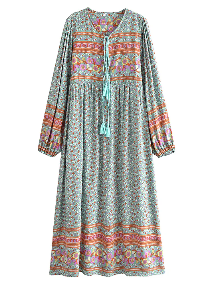 Joni pale-green floral-print boho midi dressDRESSES