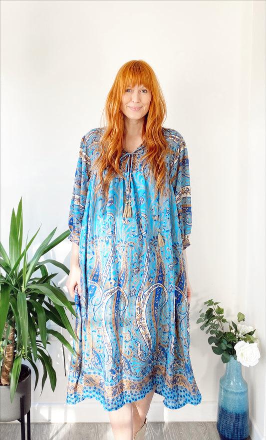 Aurora blue floral paisley-print silk midi dress free-size UK 8-16DRESSES