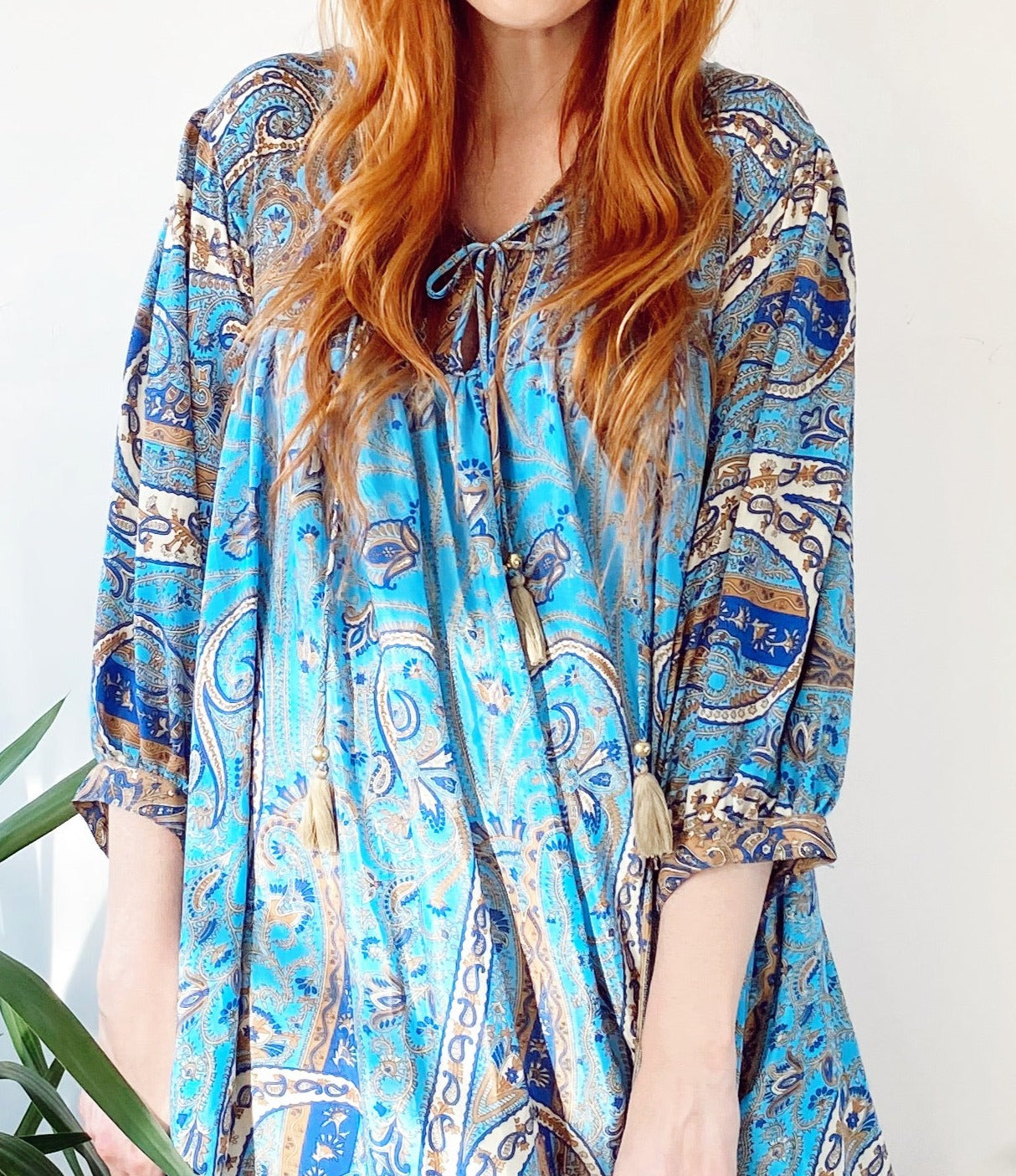 Aurora blue floral paisley-print silk midi dress free-size UK 8-16DRESSES