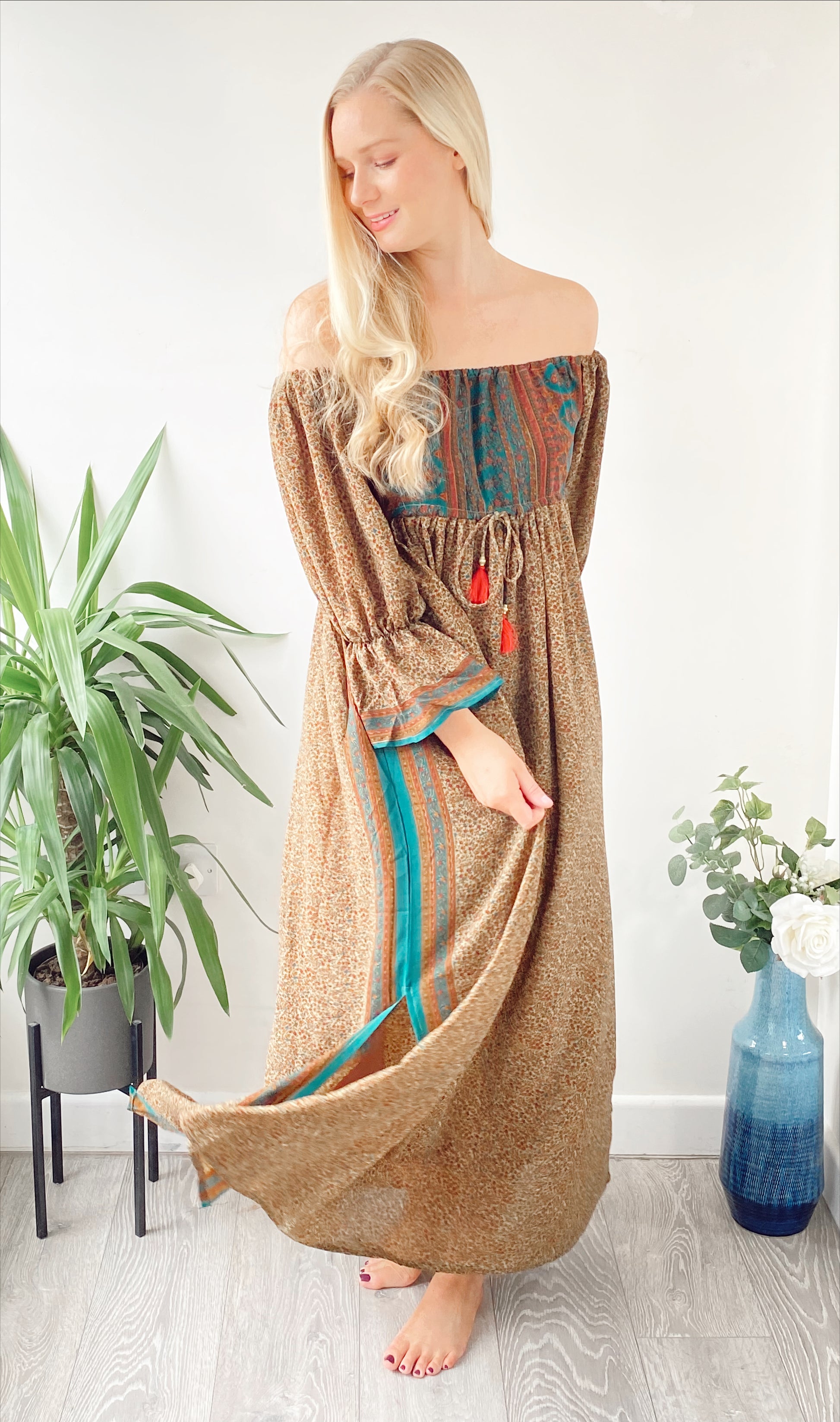 Bella beige multicoloured recycled-silk bardot maxi dressDRESSES