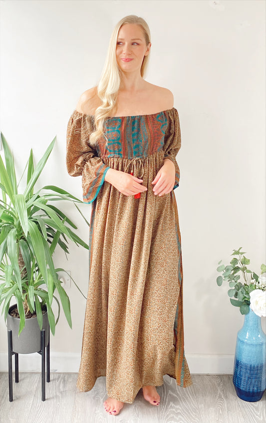 Bella beige multicoloured recycled-silk bardot maxi dressDRESSES