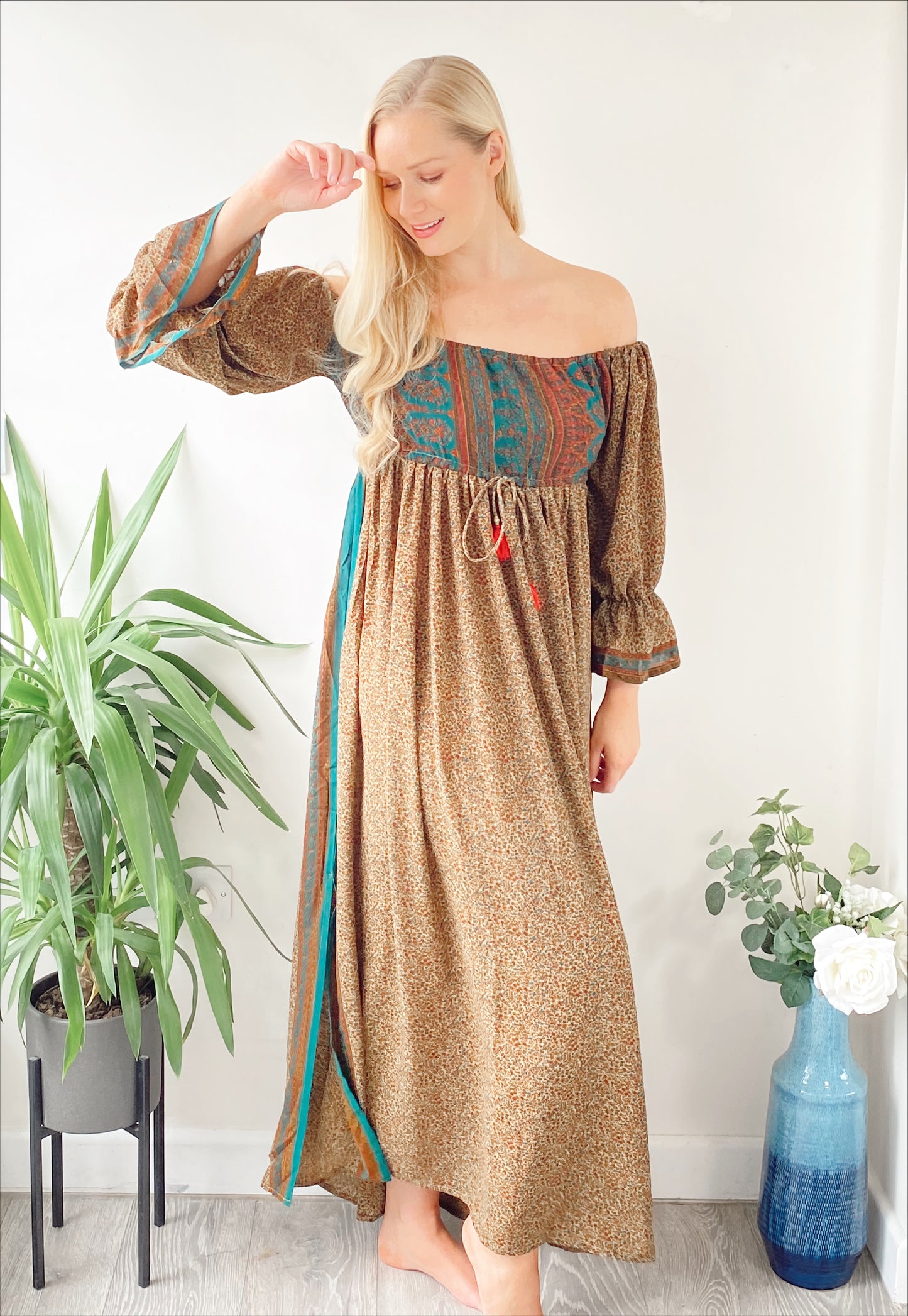 Bella beige multicoloured recycled-silk bardot maxi dressDRESSES